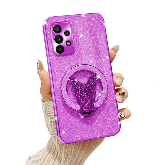 Fyxkocm for Samsung A23 Case with Butterfly Stand Compatible with Magsafe, Women Girls Bling Luxury Glitter Clear Phone Case Shockproof Protective Cover for Galaxy A23, Purple