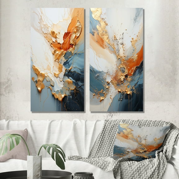 Designart "Golden Sunrise Abstract in Gold and Navy Blue II" Abstract Painting Wall Art Set Of 2 - Modern Gold Wall Decor Set Of 2