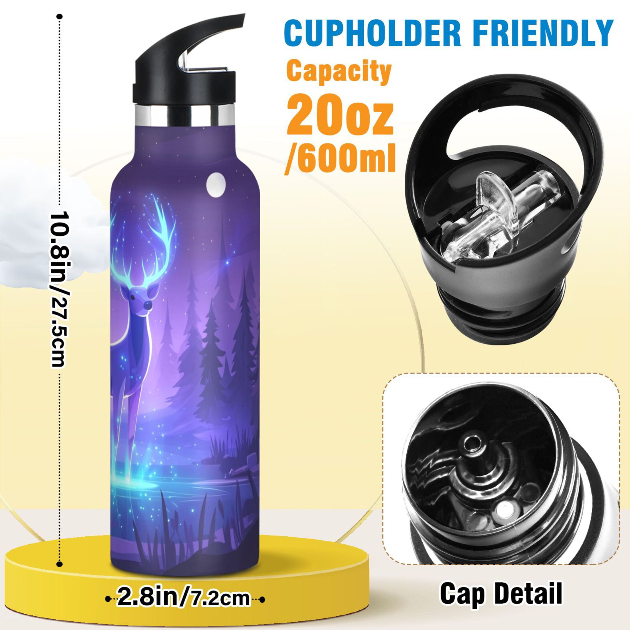600ML Stainless Steel Insulated Cup Sports Water Bottle Portable Thermos Cup Water Glasses Insulated Tumblers Convenient and Durable Purple Deer
