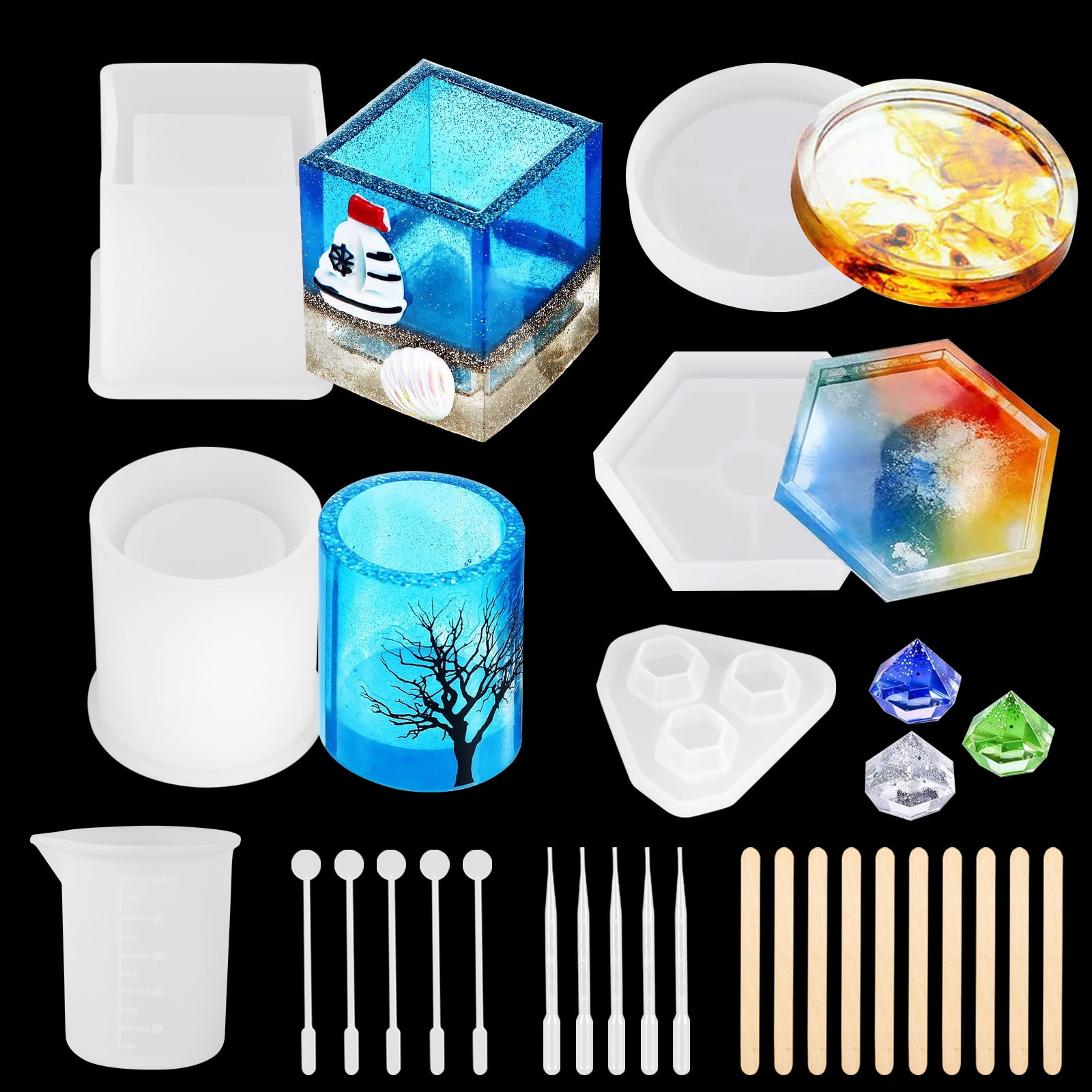 26pcs Resin Molds, EEEkit Silicone Molds Resin Epoxy Resin Casting Molds, Large Art Molds for DIY Pen Soap Candle Holder Flower Pot Coaster, Include Round Square Diamond Mold, Measuring Cup and Tools