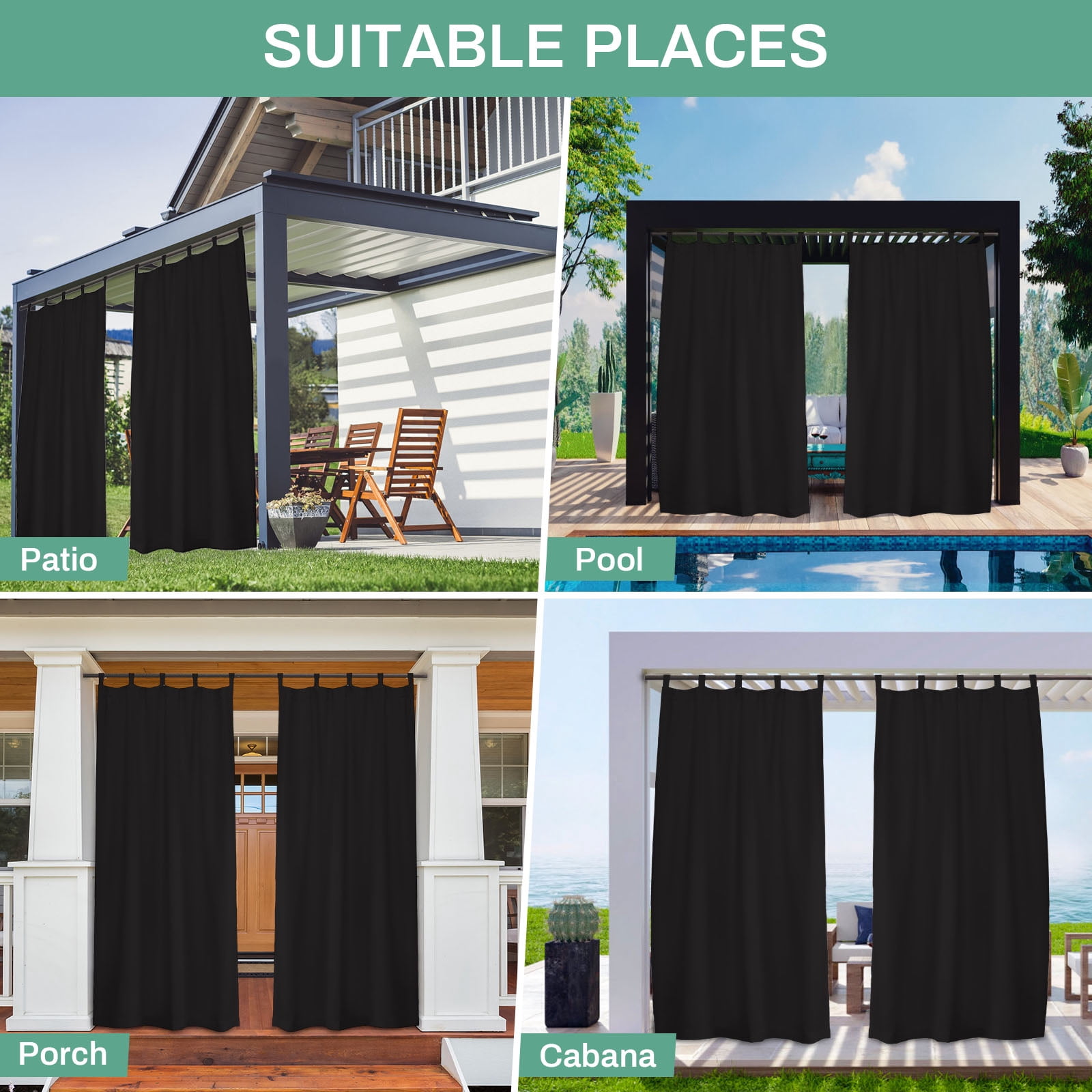 Lapalife Outdoor Patio Curtains Waterproof, Tab Top 52" x 84" Blackout Privacy Thermal Insulated Curtains for Pergola Porch, 1 Panel, Black