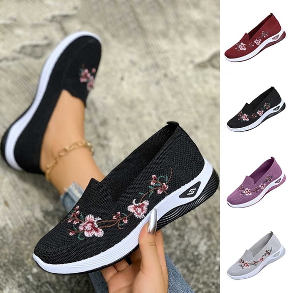Miqool Women’s Breathable Mesh Slip On Walking Shoes Comfortable Embroidered Flower Loafers Lightweight Low Heel Casual Wide Fit Sneakers