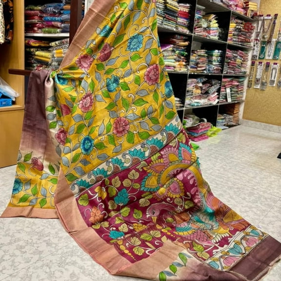 Brown Hand Painted Kalamkari Tussar Silk Saree