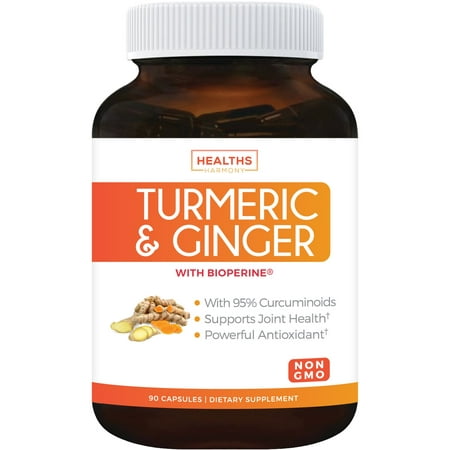 Healths Harmony Turmeric Curcumin and Ginger Supplement, 95% Curcuminoids & Bioperine (NON-GMO & Vegan) For Joint Support - Better Absorption with Black Pepper Extract - 90 Capsules - No