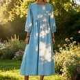 thumbnail image 6 of YUGYXL Gauze Beach Dress for Women 3/4 Puff Sleeve Smocked Waist Linen Maxi Dresses Trendy V Neck Long Beach Sundress Blue M, 6 of 9