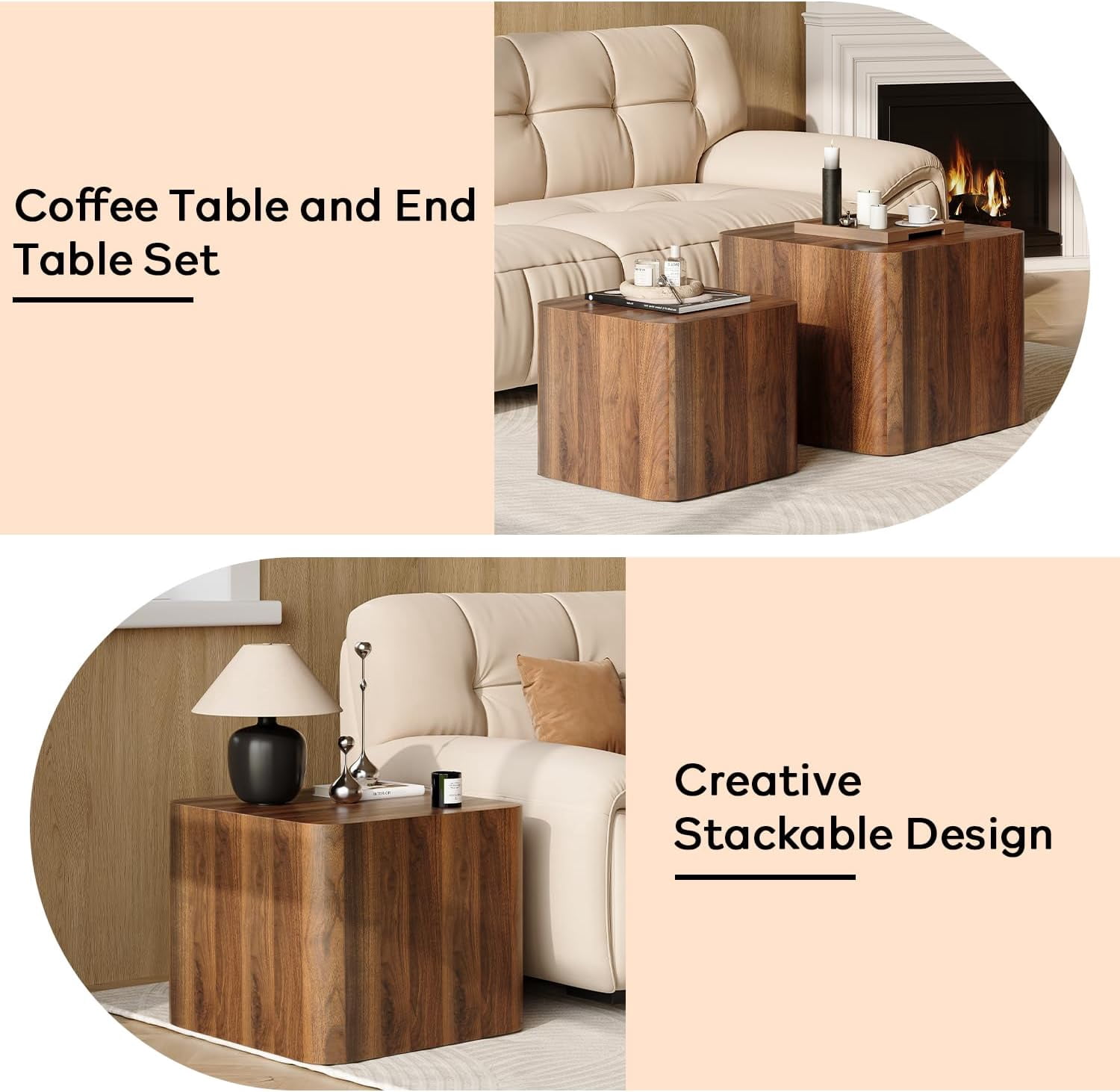 LAZZO Nesting Coffee Table Set of 2, Modern Wooden Coffee Table & End Table, Small Side Tables for Living Room, Bedroom & Apartment, Brown