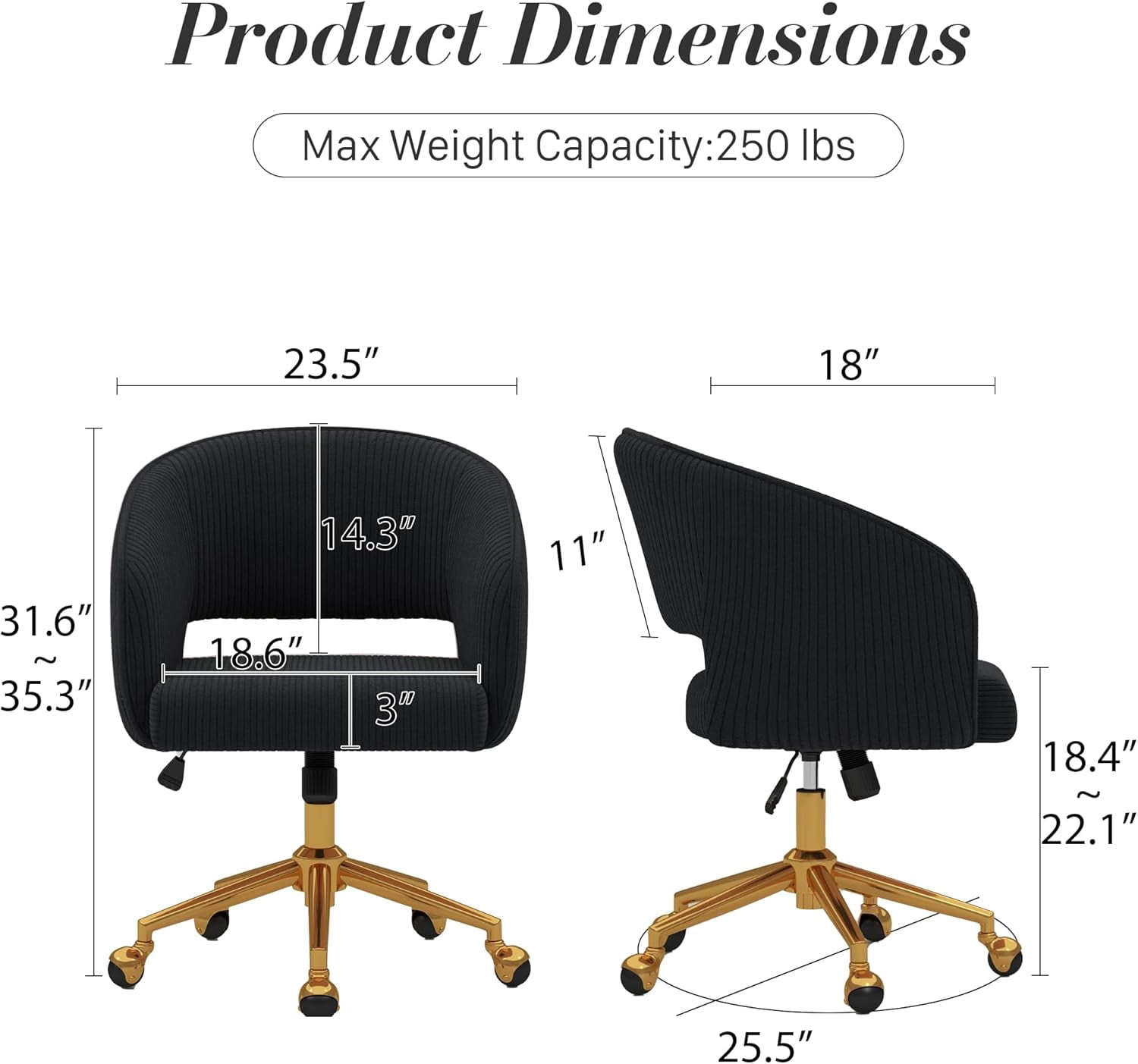 Home Office Swivel Desk Chair, Modern Corduroy Desk Chair, Height Adjustable Armchair with Gold Base, Ergonomic Office Chair for Living Room Vanity Study Computer Room, Black