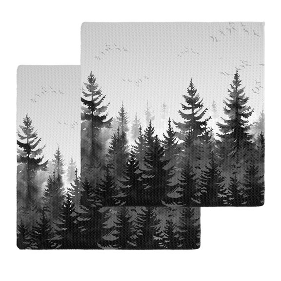 Black Mist Forest Kitchen Dish Towels for Drying Dishes Set of 2, Retro Country Watercolor Tree Scenery Waffle Weave Microfiber Hand Tea Bathroom Towels Quick Dry & Absorbent Towel 12x12