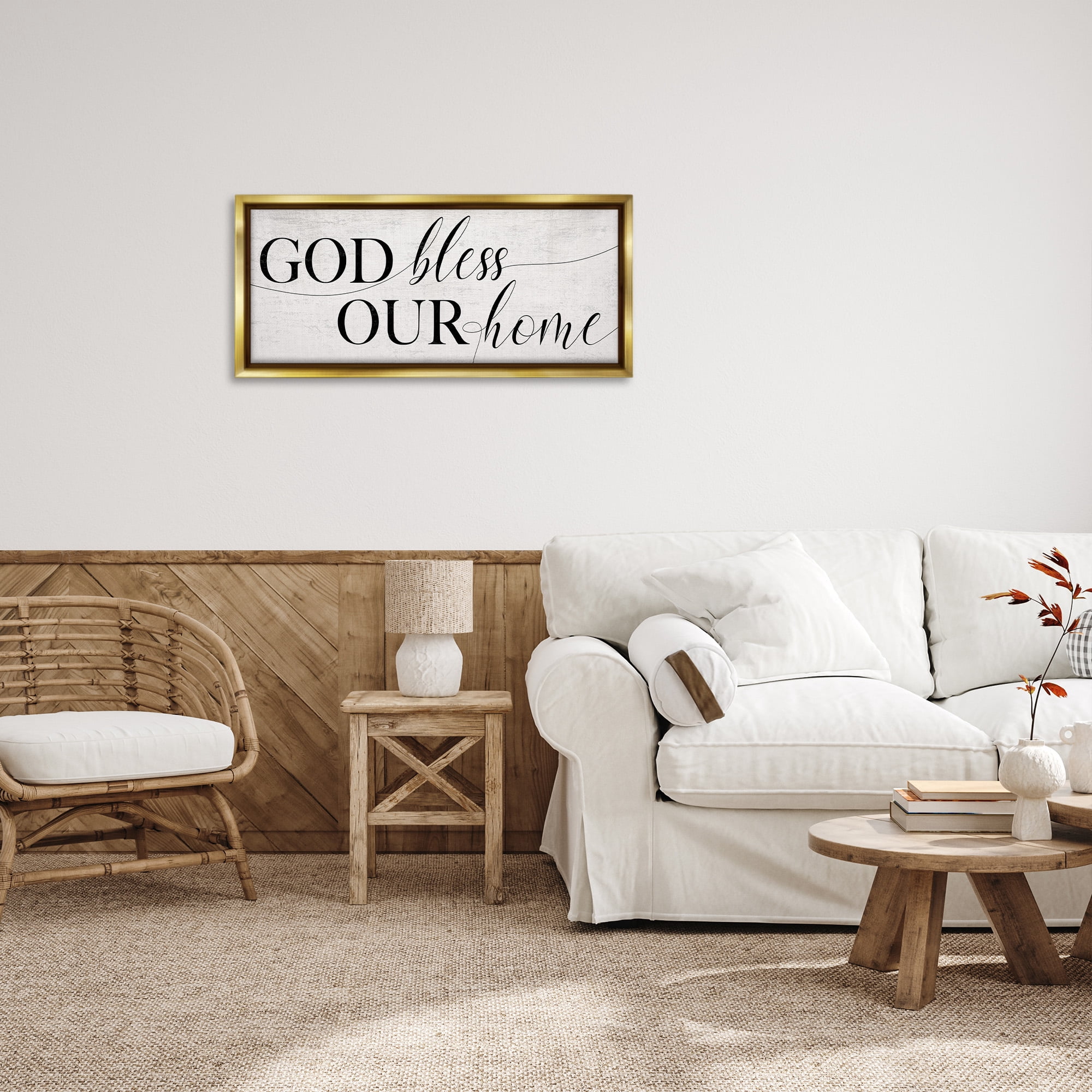 Stupell Industries God Bless Our Home Phrase Typography Painting Gold Floater Framed Canvas Art Print Wall Art, 31 x 14