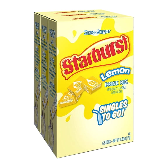 Starburst Singles To Go Powdered Drink Mix, Lemon, 3 Boxes With 6 Packets Each - 18 Total Servings, Sugar-Free Drink Powder, Just Add Water, 6 Count (Pack Of 3)