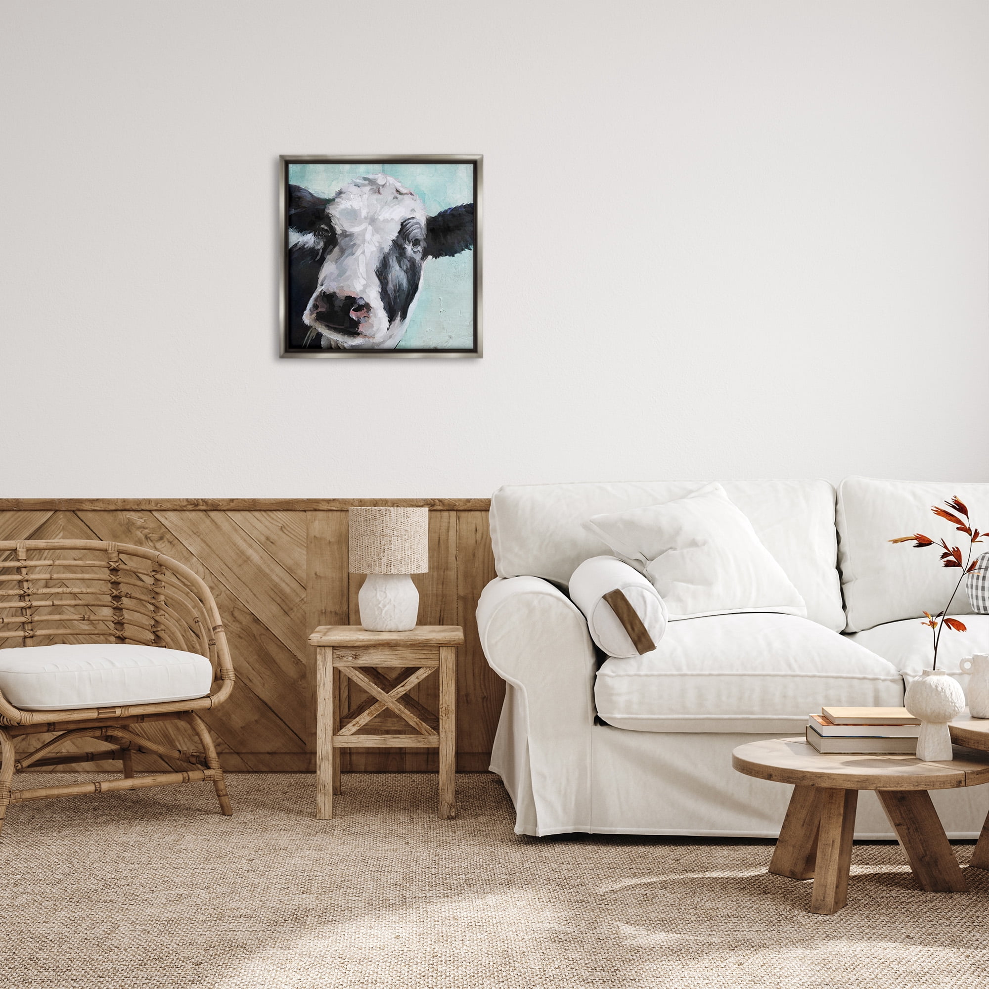 Stupell Industries Gentle Farm Cow Painting on Blue Animals & Insects Painting Gray Floater Framed Canvas Art Print Wall Art, 25 x 25