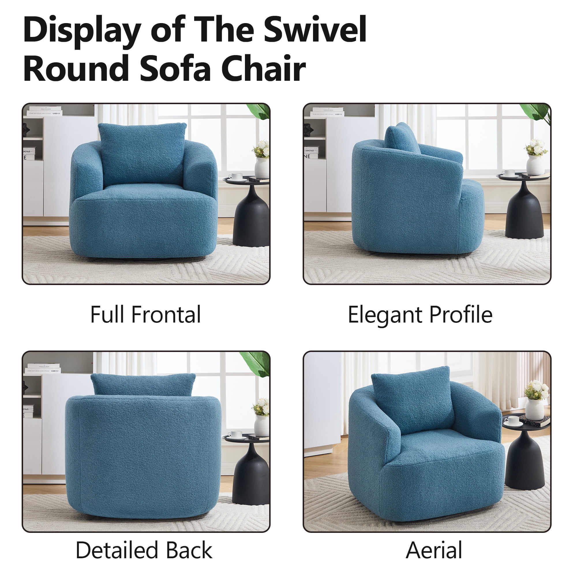 Leumius Swivel Accent Chair,360° Round Upholstered Armchair with One Soft Pillow,Teddy Fleece High-Resilience Sponge Single Sofa for Living Room,Bedroom, Apartment,No Assembly,Blue