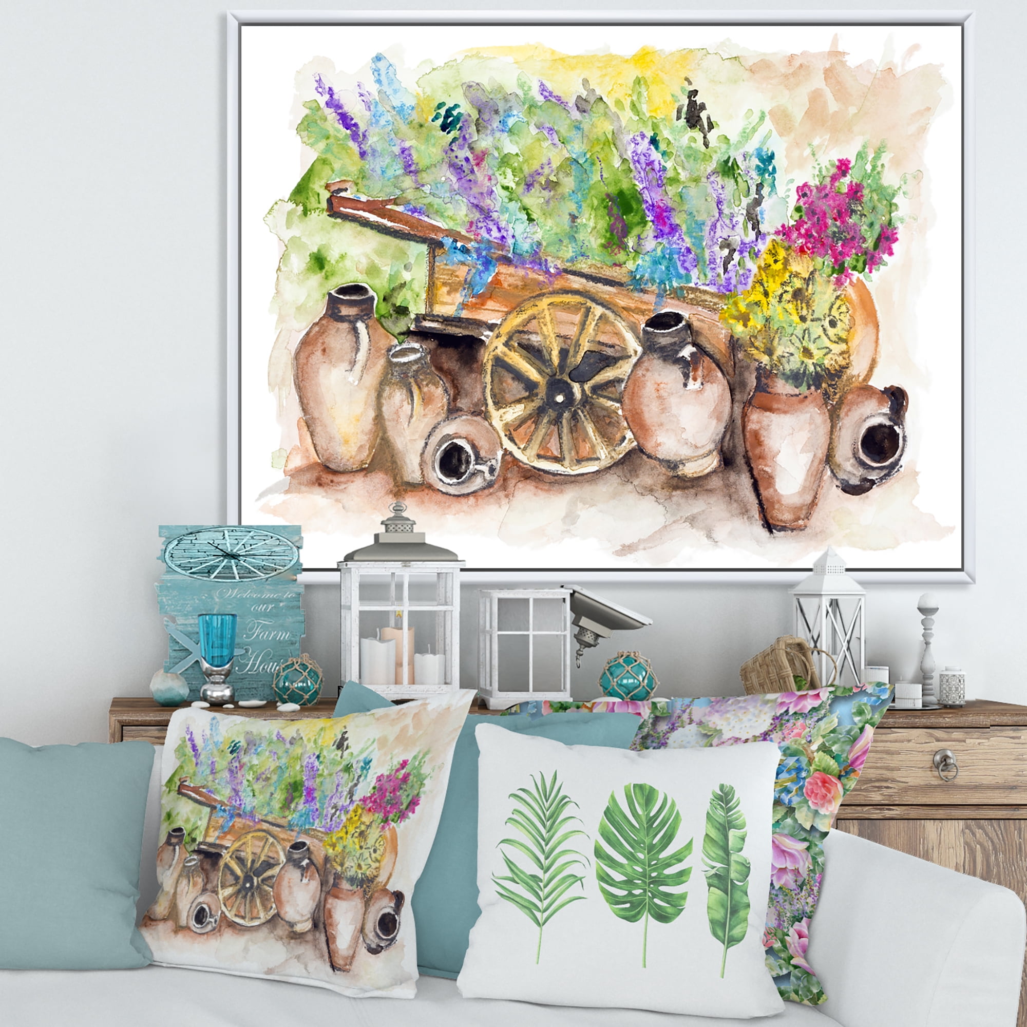 Designart 'Lavender Flowers On Ancient Cart Illustration' Traditional Framed Canvas Wall Art Print