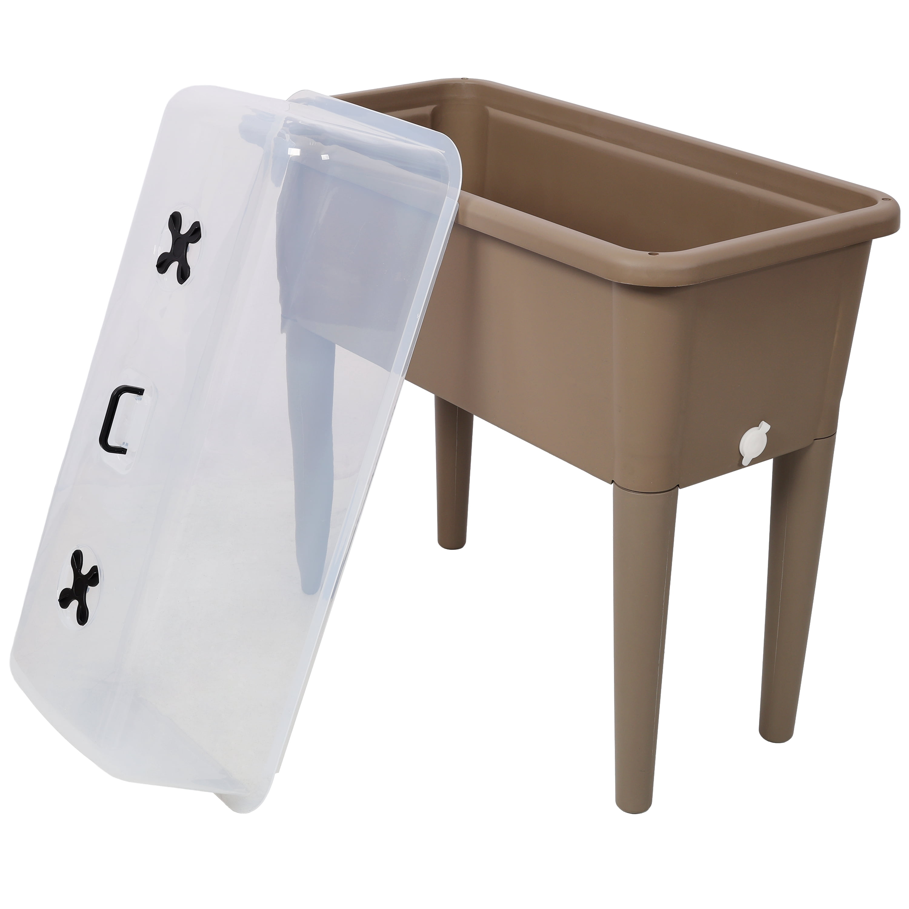 2PCS Light Brown Self-Watering Raised Garden Bed, Elevated Planter Box with Ventilated Transparent Greenhouse Lid & Removable Legs for Vegetables and Flowers