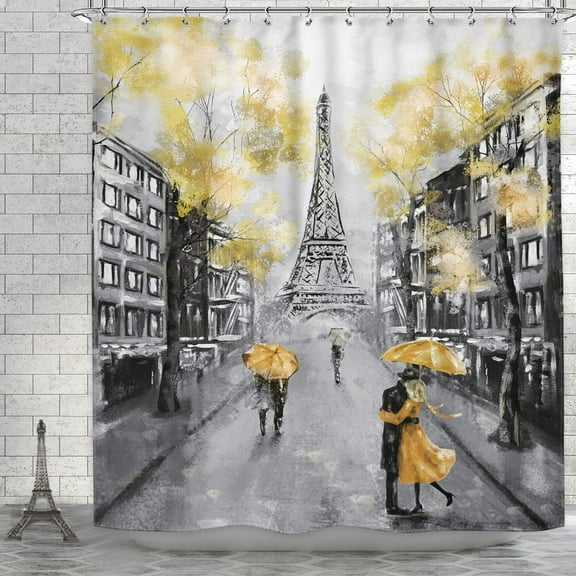 Paris Eiffel Tower Shower Curtain for Bathroom Decor 72Wx72H Inch Vintage French Landscape Yellow Scenery Romantic Oil Painting Women Couple Fabric Waterproof 12 Plastic Shower Hooks RY-PKKE