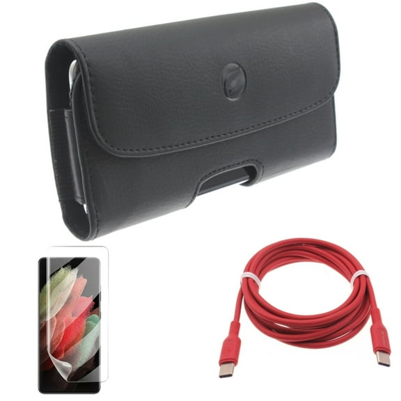 Red 6ft Long Cable & Matte Screen Protector & Case Belt Clip for Samsung Galaxy S21 Ultra Phone - USB-C to Type-C PD Fast Charger & TPU Film Anti-Glare & Leather Holster Accessory Bundle
