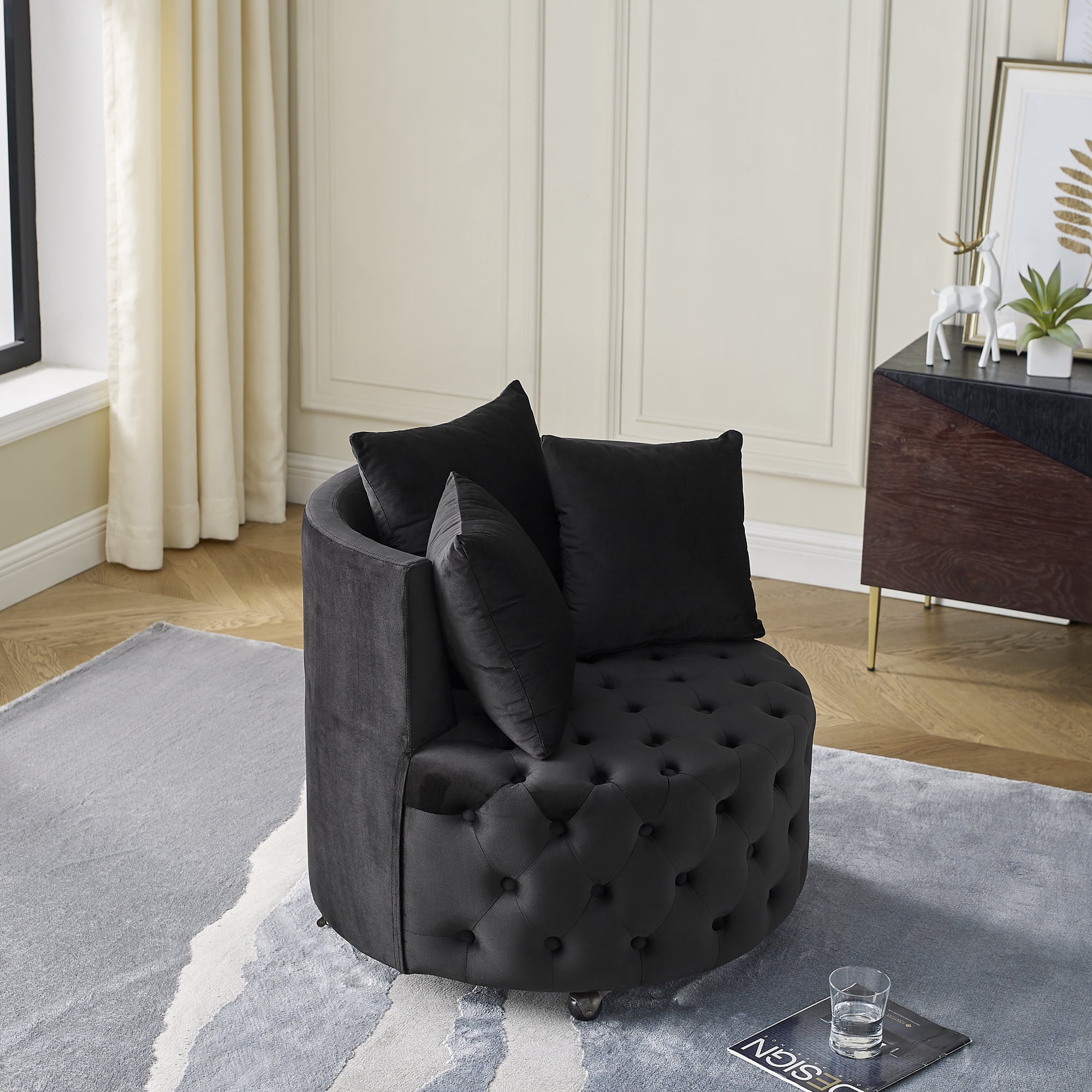 DEALTOPS Velvet Upholstered Swivel Chair for Living Room, with Button Tufted Design and Movable Wheels, Including 3 Pillows-Black