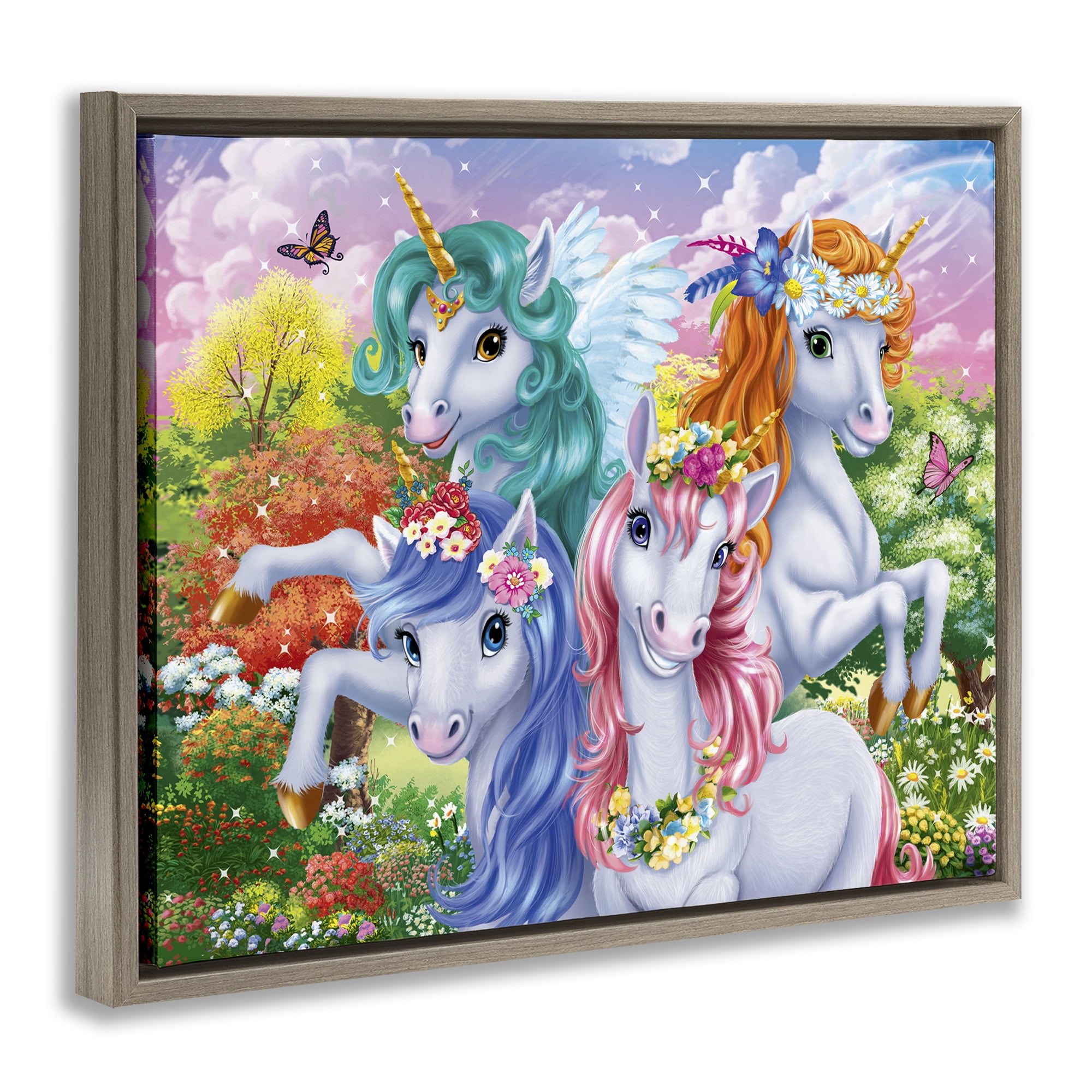Stupell Industries Cute Unicorn Selfie Fantasy & Sci-Fi Painting Brown Floater Framed Canvas Art Print Wall Art, 31 x 25