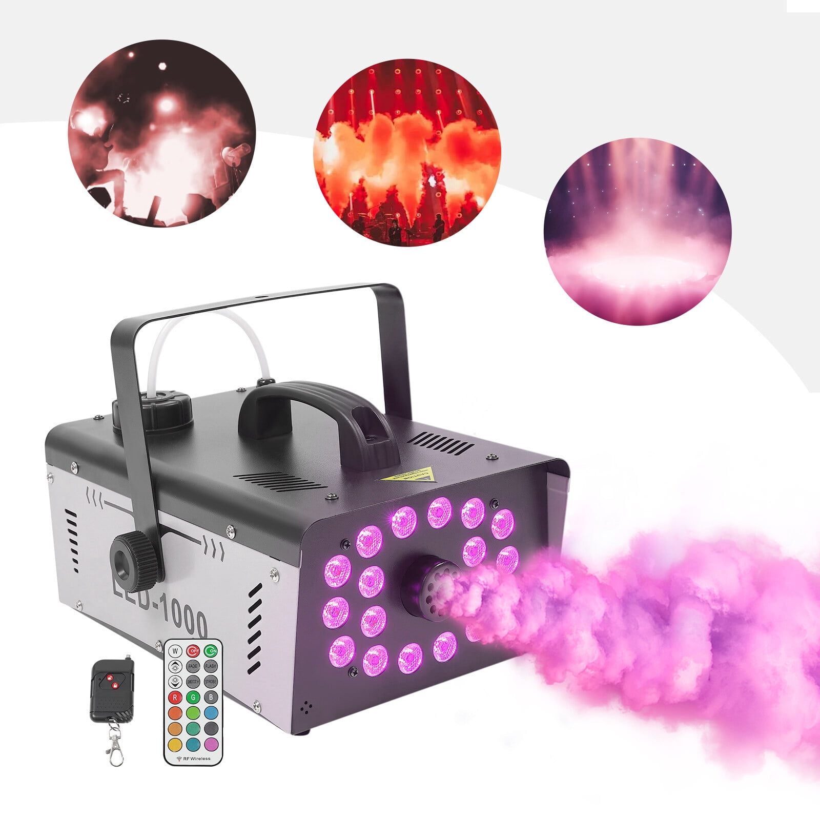 DENEST 1000W LED Fog Machine with 18 Colorful LEDs, Adjustable Modes and Brightness, Remote Control for Fog and Light, Large Tank, Perfect for Stage Effects and Events