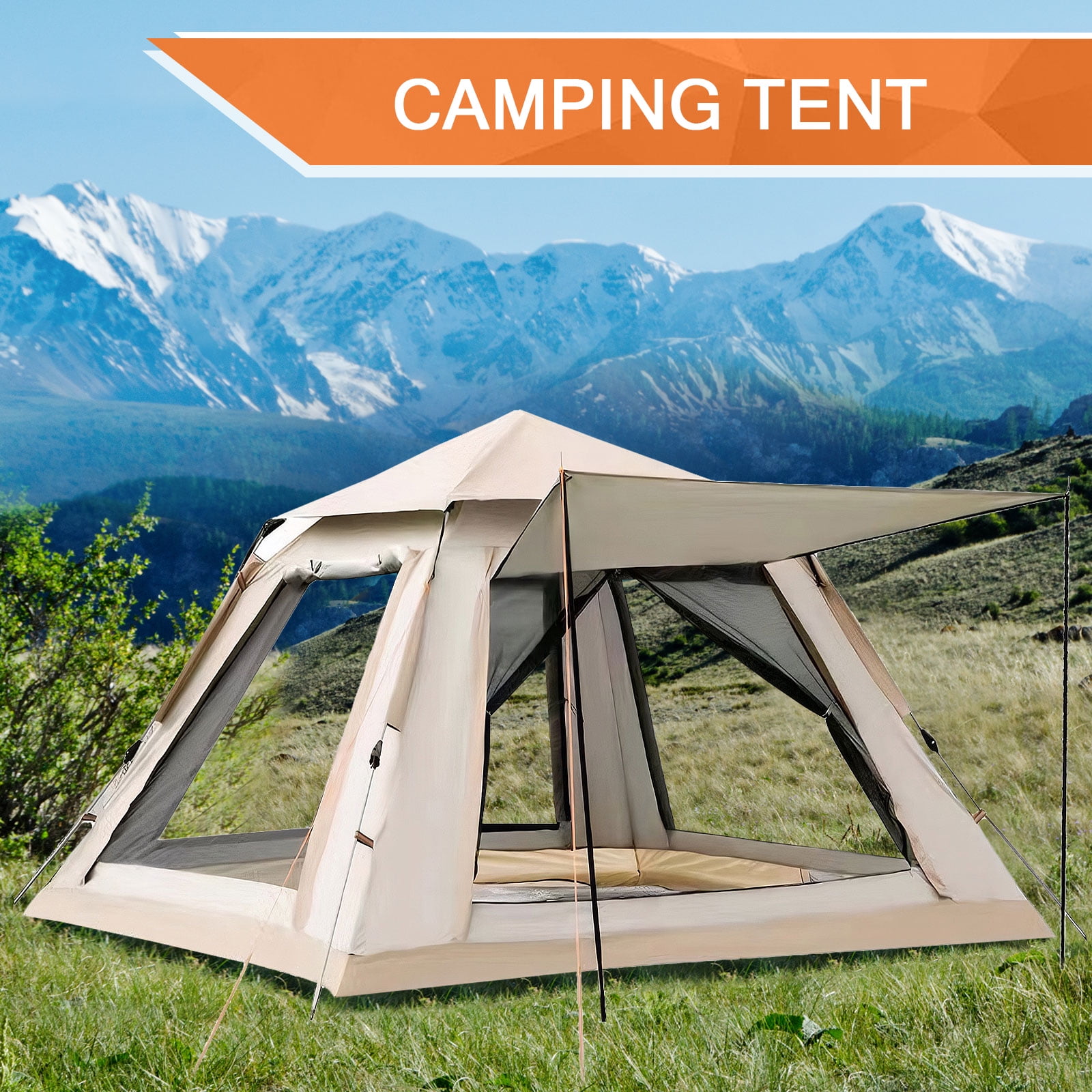 TOPCHANCES Family Camping Tent for 3-4 Person Automatic Opening Instant Pop Up Tent with Hammock for Outdoor Camping, Hiking, Traveling, Beige #C