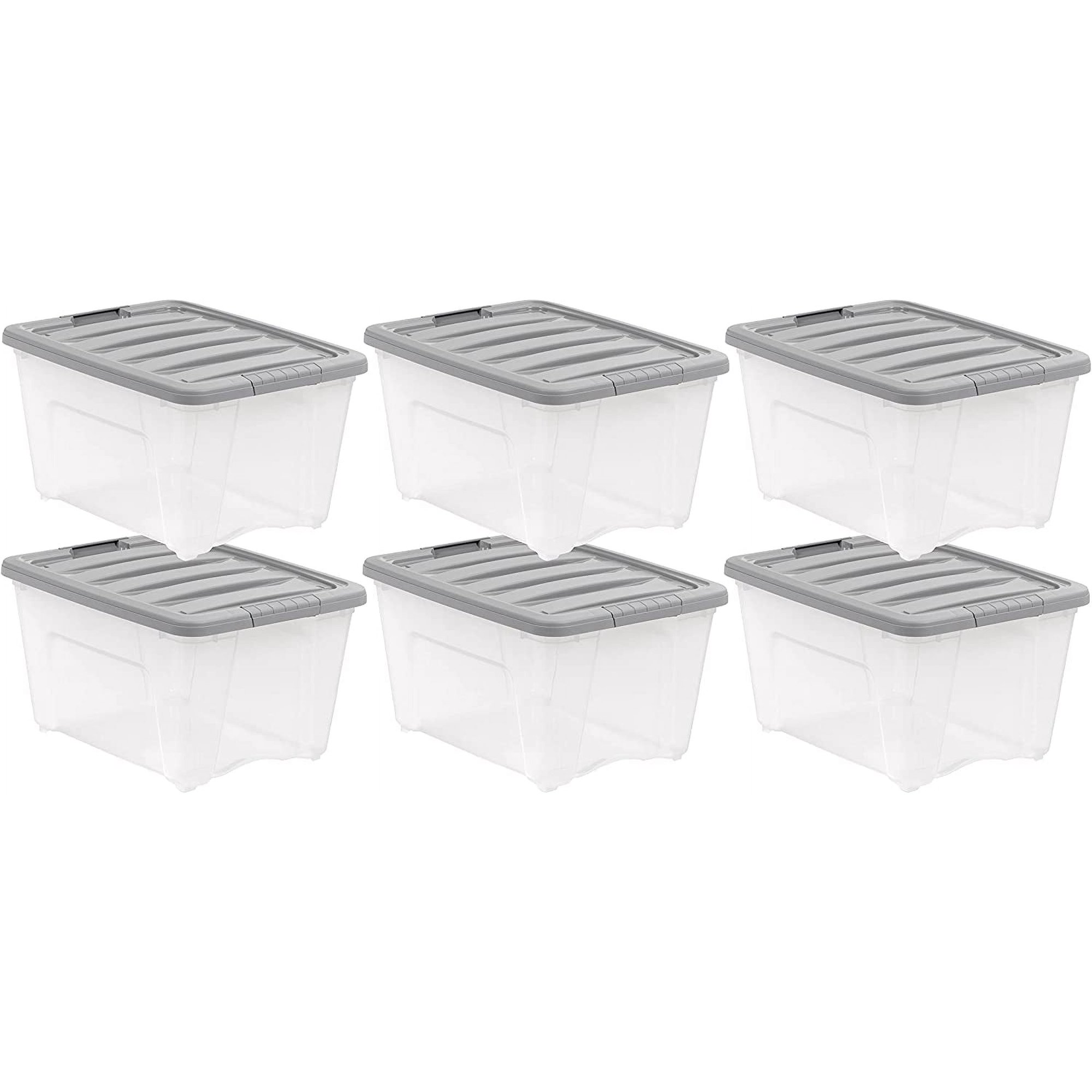 MakeFit Plastic Storage Containers with Secure Latching Lids Stackable Organization Bins Clear/Grey 32 Quart Set of 6
