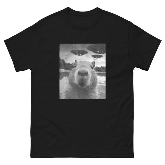 Funny Graphic Capybara Selfie with UFOs Weird T-Shirt (Black, S)