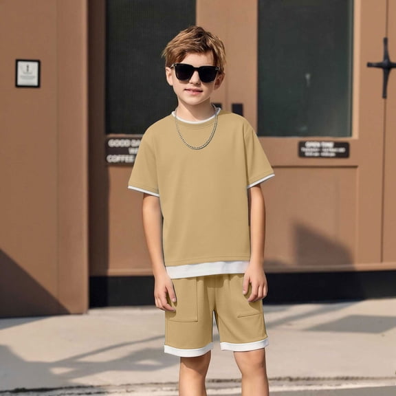 MAIHAN Boy Summer Clothes Soft Comfy 2 Pieces Sets T-Shirt and Shorts Cotton Summer Outfits Sets(Gold,8-9 Years)