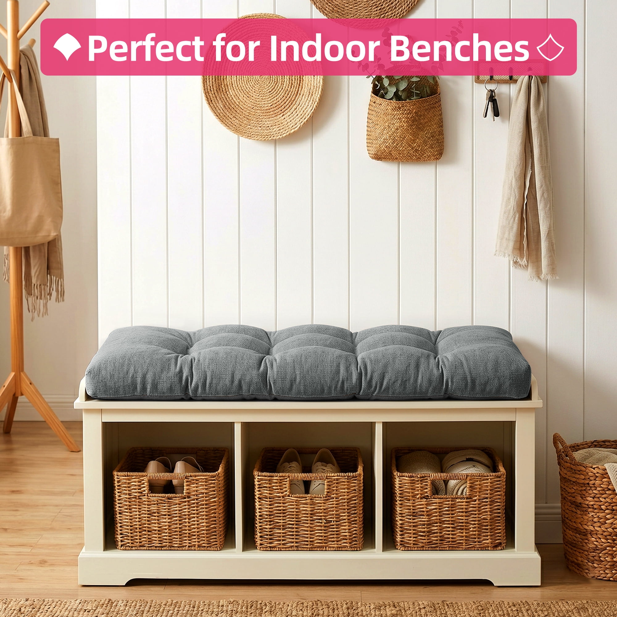 Millsilo Indoor Bench Cushion 45" x 18" x 4", Thick Tufted Cushion with Non Slip Bottom for Window Seat & Entryway Bench, Gray