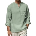 thumbnail image 2 of Men's Cotton Linen Henley Shirt Roll Up Long Sleeve V Neck Top Lightweight Beach Hippie Shirt for Vacation Summer Festival Boho Style and Casual Layering Mint Green, 2 of 4