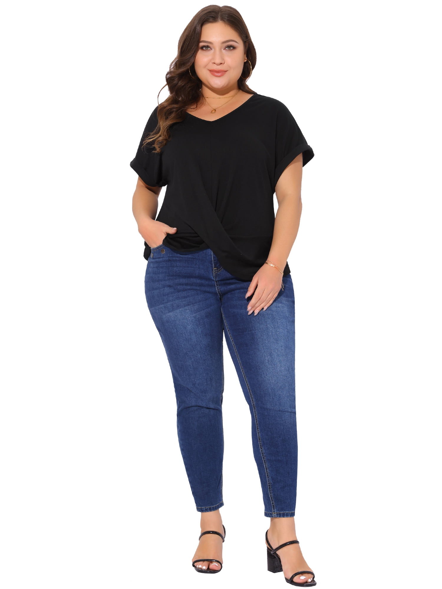 Women's Plus Top Short Sleeve V Neck Twist Knot Summer Blouses t Shirts 2X Black
