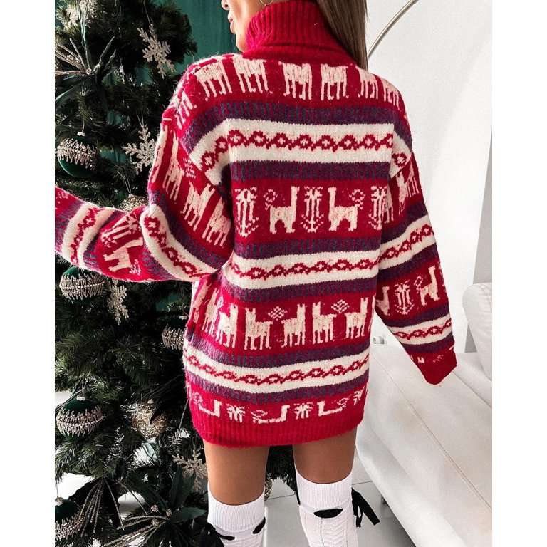 BESTSPR Christmas Sweater Dress High Neck Jacquard Christmas Theme Long  Sleeve Sweater Dress Size S-XL