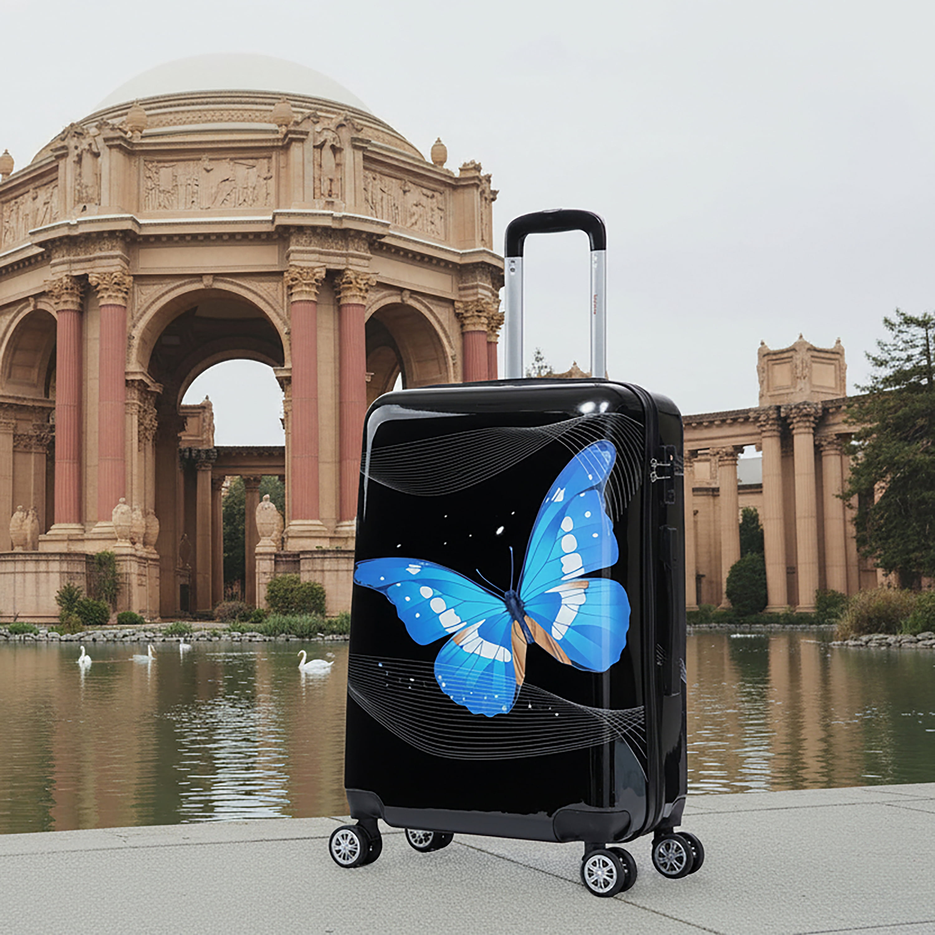 InUSA Print 24" Hardside Lightweight Luggage with Spinner Wheels, Handle, Trolley, Black Butterfly