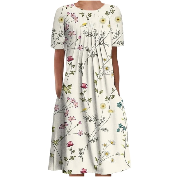 Vestidos estampados florales plegables de manga corta con cuello redondo informal de verano para mujer Fridja bnh2904