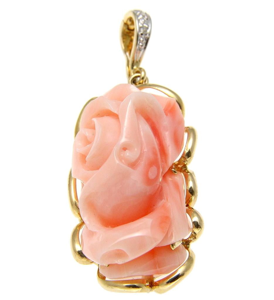 Genuine natural pink coral carved flower diamond pendant enhancer solid 14k gold by