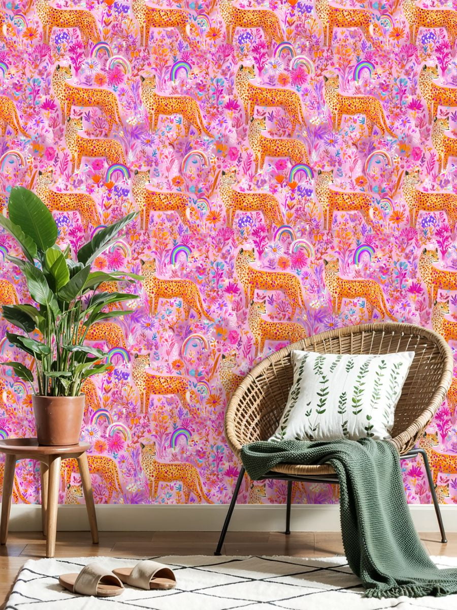 Cheetah Peel and Stick Wallpaper 17.7in x 9.8ft Leopard Print Vibrant Floral Pink Garden Rainbows Contact Paper Vinyl Waterproof Self Adhesive Wall Paper for Bedroom Shelf Cabinet Renter Friendly