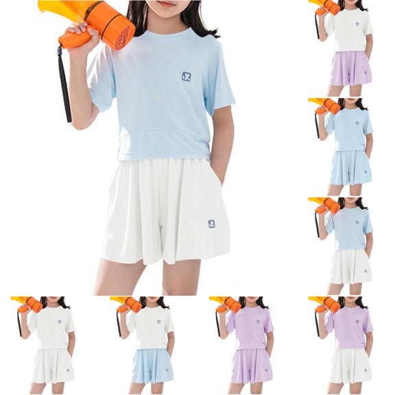 SGFCWSX Girls Active Short Sets Kids Summer 2 Piece Lightweight Crew Neck Short Sleeve Print Elastic Waist Pocket Athletic Wear Light Blue Size 9-10 Years