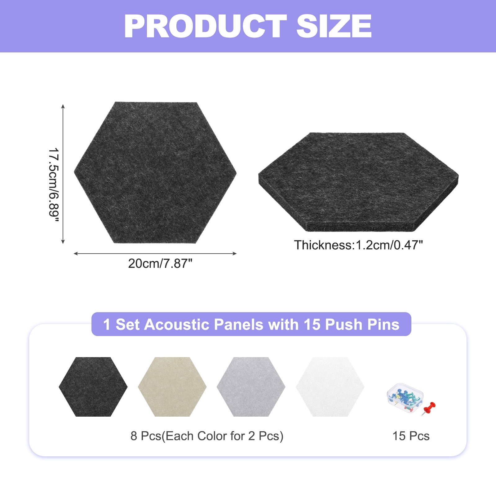 Uxcell 8 Pcs Polyester Fiber Hexagon B1 Acoustic Panels with Push Pins 7.87'' x 6.89'' Black Bright Gray Dark Brown White