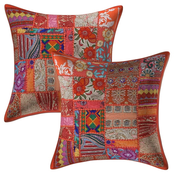 Stylo Culture Ethnic Cotton Home Decor Throw Pillow Covers Orange 18 x 18 Bohemian Vintage Patchwork Ethnic Sofa Cushion Covers 45x45 cm Living Room Abstract Square Pillow Cases | Set Of 2