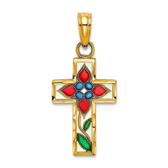 11mm 14k Gold Stained Glass Religious Faith Cross With Flower and Stem Cut-out In Center Pendant Necklace for Women