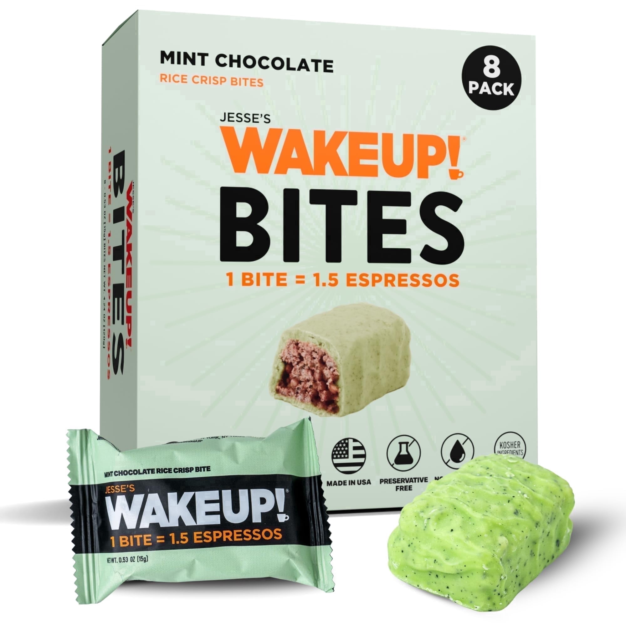 WAKE UP! Mint Chocolate Caffeinated Protein Bites – Proprietary Blend with 175mg Caffeine (1 Bite = 1.5 Espressos) – Gluten-Free, Vegetarian, Kosher – Energy Snack for Focus & Clarity – 8 Pack