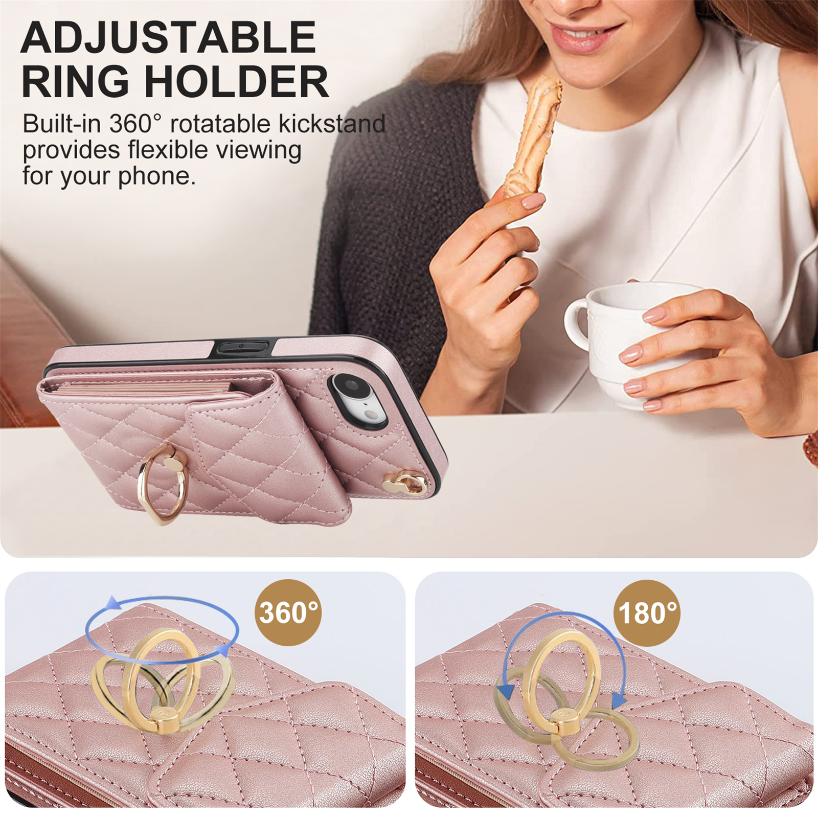 Asuwish Wallet RFID Blocking PU Leather Cell Phone Case with Tempered Glass Screen Protector, Wrist Strap for iPhone 16e, Rose Gold