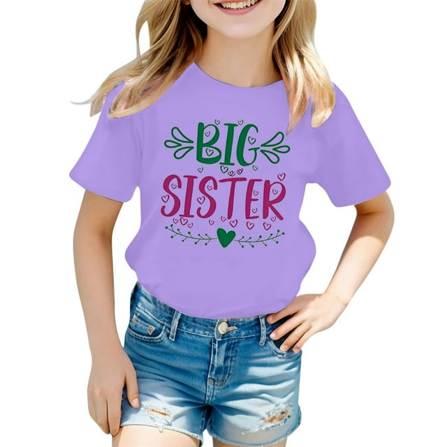 NINGMENG Hauts et T-Shirts pour Filles Enfants Enfants Imprimé de Lettres Col Rond Manches Courtes Mode Décontractée Hauts Chandail T-Shirts Tenue Quotidienne, Violet, 6-7 Ans