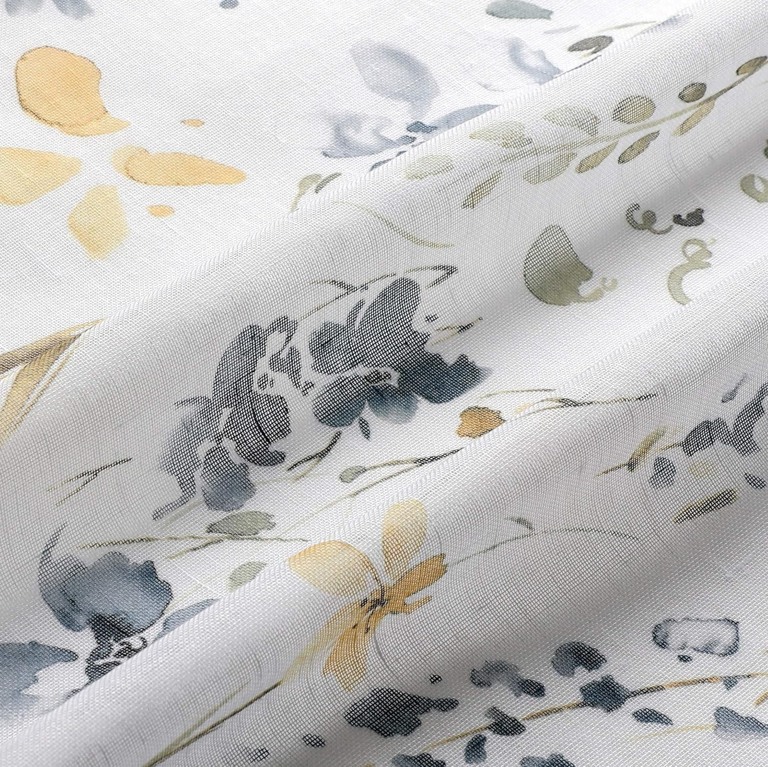 Floral Yellow and Grey Sheer Kitchen Curtains 24 inch Farmhouse Small Window Curtains Linen Textured Watercolor Short Cafe Curtains for Bathroom/Basement,28" W x 24" L 2 Panels Rod Pocket