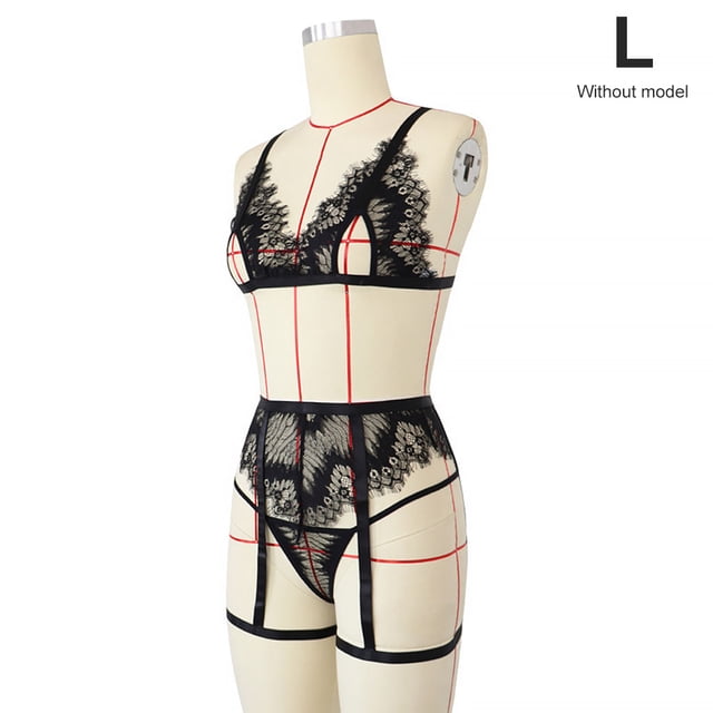 Conjunto de ropa interior de encaje sexy para mujer Sujetador hueco floral Panty Liguero Lencería, L Speravity XX000185-03