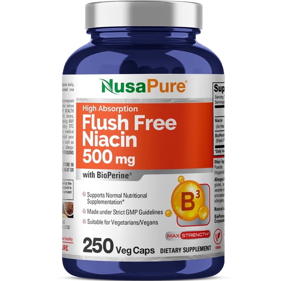 NusaPure Flush Free Niacin 500mg with BioPerine B3 Dietary Supplement 250 Veggie Capsules Daily Nutritional Intake Suitable for Vegetarian/Vegan Non-GMO