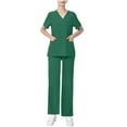 thumbnail image 2 of Jinhomg Nurse Uniforms for Women 2 Piece Solid Summer Scrubs Sets Stretchy V-Neck Top and Pants with Pockets Casual Nursing Workwear Outfits Holiday Sales Green L, 2 of 5