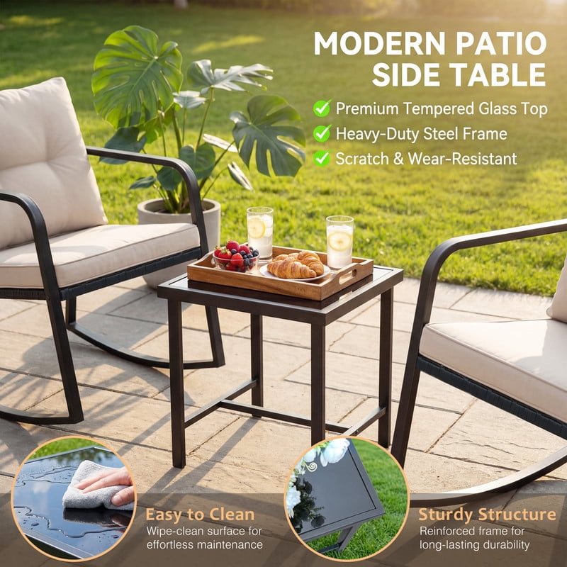 Vineego 3 Pieces Patio Conversation Sets Outdoor Rocking Chair PE Rattan Bistro Rocker with Coffee Table, White