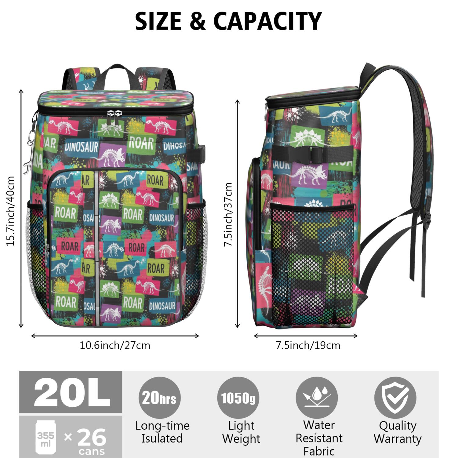 Travel Cooler Bag - Colorful Dinosaurs Skeletons Text Pattern Camping Beer Cooler Backpack with Bottle Opener- Waterproof Insulated Picnic Backpacks - Cooler Bag for Beach
