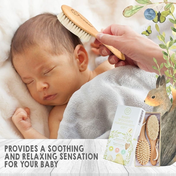 Juego de cepillo y peine para bebé recién nacido de tres piezas: cepillo para el cabello de madera natural con melena de cabra suave para la costra láctea, adecuado para bebés, niños pequeños y niños ShuxiuWang 9024715412256