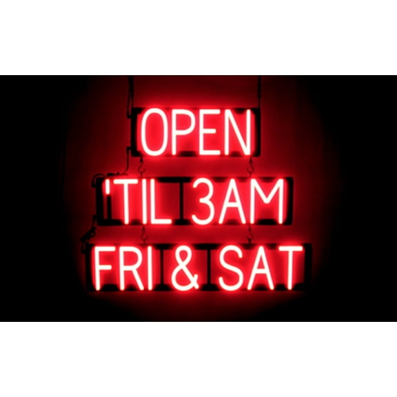 SpellBrite OPEN 'TIL 3AM FRI & SAT LED Sign for Business. 29.7" x 23.8" Red OPEN 'TIL 3AM FRI & SAT Sign Has Neon Sign Look, Energy Efficient LED Light Source. Visible from 500  Feet, 8 Animations.